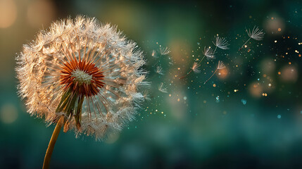 Abstract nature background of delicate dandelion fluff dispersing in sunlight during spring or summer 4k