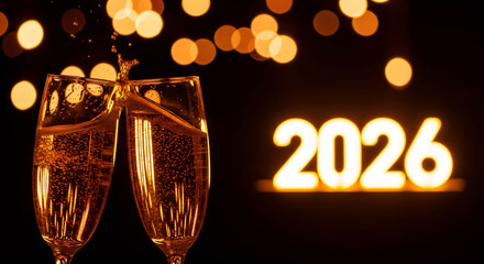 Two Sparkling champagne flutes clinking together in celebration, with bright bokeh lights and glowing numbers representing New Year 2026, creating a festive atmosphere for holiday festivities