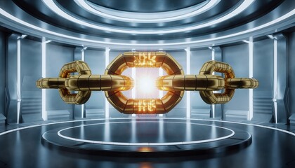 Modern technology display in a futuristic room showing a glowing energy source surrounded by metal structures