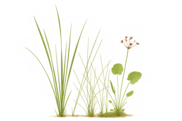 Lush green grass and wildflower plants growing, botanical elements with translucent background for natural design