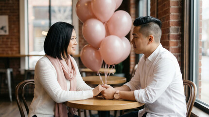 Happy Asian couple holding hands at a cafe table. Romantic date with pink balloons for Valentine's Day or anniversary