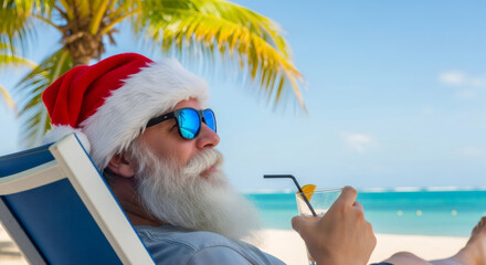 Santa Claus relaxing on a tropical beach chair, wearing sunglasses and a festive red hat, enjoying a colorful cocktail with palm trees and ocean in the background, perfect for holiday vibes