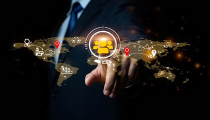 Business person using technology to connect with global markets while showing various locations on a digital map