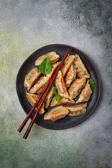 japanese fried dumplings, gyoza, sesame seeds, top view, no people,