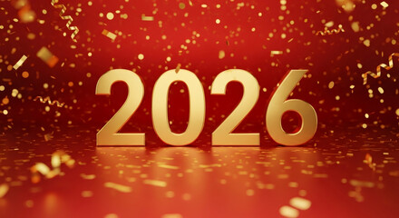 Golden numbers representing the year 2026, surrounded by festive confetti and streamers on a vibrant red background, symbolizing celebration and new beginnings