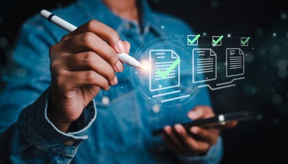 Person checks documents on a digital device while using a pen in a dark room with glowing icons of completed tasks