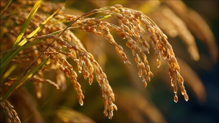 Fototapeta premium Close-Up View of Golden Rice Grains Hanging from Lush Green Stalks in a Cheerful Field During the Golden Hour Under Warm Sunlight
