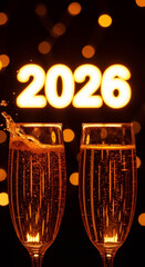 Two Sparkling champagne flutes clinking together in celebration, with bright bokeh lights and glowing numbers representing New Year 2026, creating a festive atmosphere for holiday festivities
