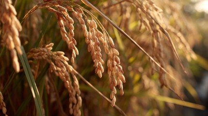 Fototapeta premium Close-up View of Golden Brown Rice Grain Ready for Harvest Amidst Lush Green Plant Life Under Sunset Glow in Agricultural Landscape