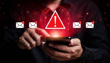 Individual using smartphone with warning alerts and email icons during an online activity at night