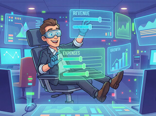 Man In VR Goggles Adjusts Digital Revenue And Expenses Charts In Futuristic Office