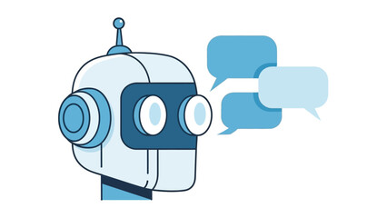 Vector illustration of an AI chatbot head with speech bubbles, symbolizing artificial intelligence communication, automated customer service, and virtual assistance