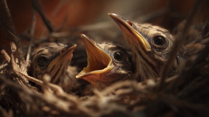 Obraz premium Tender Moments of Baby Birds in a Nest with Open Beaks Awaiting Food in a Cozy Natural Habitat