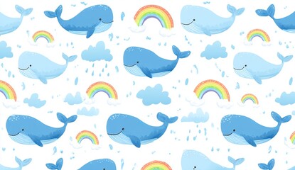 Obraz premium Cute blue whales with rainbows and clouds in a seamless pattern cute whale cartoon whale