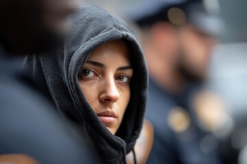 Masked woman in hoodie near police