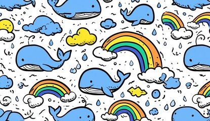 Cute cartoon blue whales and rainbows seamless pattern with rain and clouds kawaii