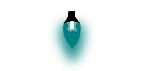 A single teal-colored Christmas light bulb with a black base, glowing softly against a white background.