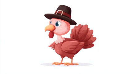 Cute cartoon turkey wearing a pilgrim hat with brown feathers and orange beak brown hat