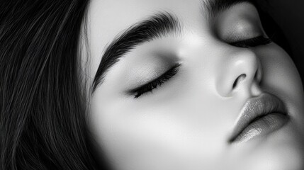 This close-up portrait features a serene, beautifully lit face with closed eyes and smooth skin in black and white, Perfect for beauty, skincare, and wellness campaigns or articles,