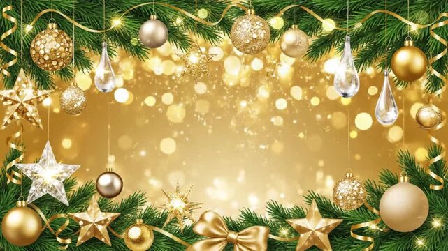 A festive golden christmas border with ornaments stars and sparkling lights adorns a warm background