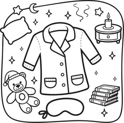 Cute Night Routine Coloring Page for Kids, Pajamas and Bedroom Objects Line Art