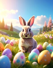 Happy 3d Cartoon Easter Bunny Surrounded by Colorful Eggs in a Sunny Spring Field