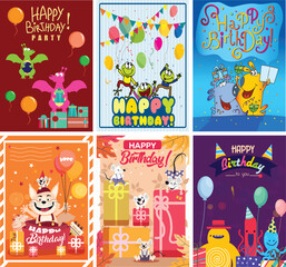 Fototapeta premium Cute Cartoon Birthday Card Set
