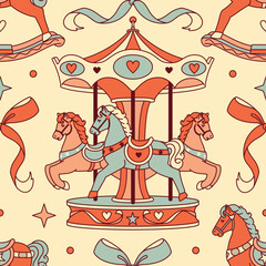 A vintage seamless pattern of carousel horses and rocking horses in a coquette core color palette. A playful and childish background for amusement park themes