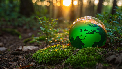 Green Earth globe on mossy forest floor with sunlight rays, environmental conservation and sustainability concept in a lush woodland background