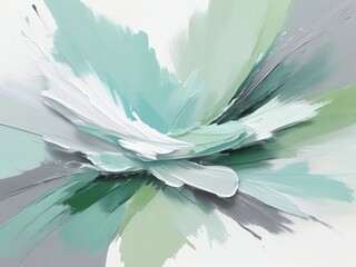 Minimalist pastel painting with green, brown, teal and gray on light aquamarine and white Cloud Dancer background for calming design themes