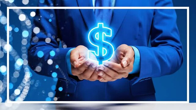 A businessman cradling a glowing dollar sign representing financial success and wealth in a modern context