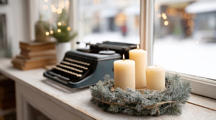 Cozy vintage store window display with typewriter and festive candle wreath