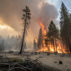 Forest fire raging through trees in smoky wilderness landscape, Ecology, climate,  