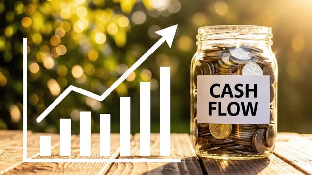 A jar filled with coins sits near a cash flow chart representing financial growth
