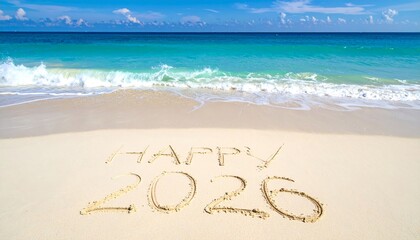Happy 2026 Text Written on Sandy Beach Shore with Blue Ocean Waves