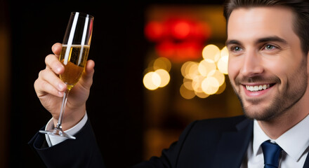 Smiling man in formal attire raises champagne glass in celebration, with festive Christmas tree lights in background, capturing joyful New Years Eve spirit through dynamic camera movement