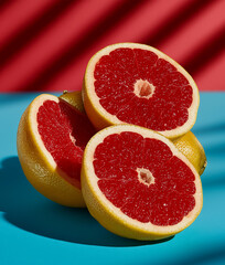 Halved red grapefruits with bold juicy flesh displayed on a cyan surface against a red backdrop. High contrast fruit photography with pop art inspiration.