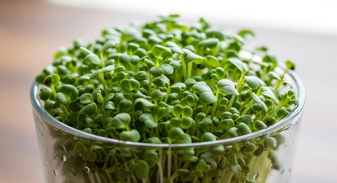 Close-up of fresh alfalfa sprouts in glass bowl on wooden table
