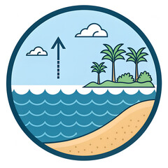 Coastal scene with palm trees, waves, and sandy beach in circular design  