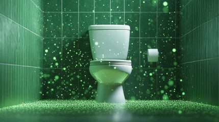 Invisible danger zone in a bathroom setting with floating particles