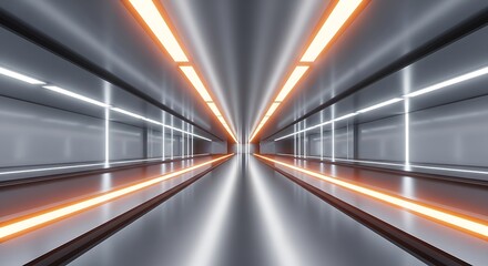 Modern futuristic tunnel with neon lights and reflective surfaces in sleek urban setting