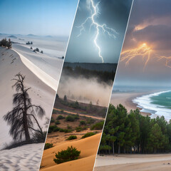 Ecology, climate change, Desert landscapes with sand dunes, storms, and lush vegetation  