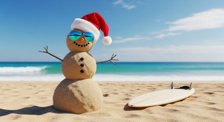 Sand snowman wearing sunglasses and a red Santa hat stands beside a surfboard on a sunny beach, capturing the essence of a unique tropical christmas holiday vacation experience