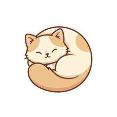 Sleeping cartoon cat curled up on white background