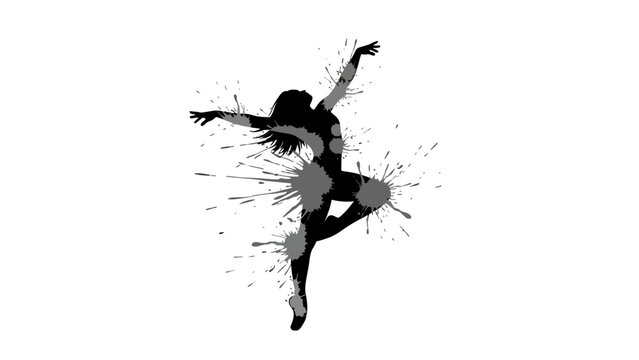 Graceful silhouette of a female dancer with expressive movement surrounded by black and grey paint splatters on an isolated white background.