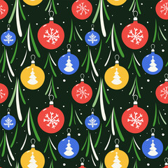 Seamless pattern Christmas tree and Christmas tree decorations.