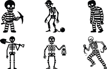Skeleton prisoner silhouettes set, spooky jailed skull characters with tools halloween vector