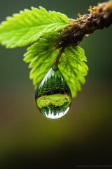 A close-up of a leaf with a water droplet reflecting a lush forest and grassland, showcasing nature's intricate beauty, Ideal for environmental themes, conservation projects, and nature photography,