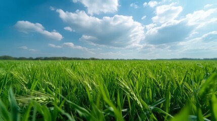 Vibrant green grass stretches across the landscape under a bright blue sky dotted with fluffy clouds, creating a serene atmosphere ideal for nature-related projects, health, or outdoor themes,