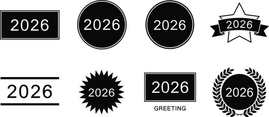 Collection of Black 2026 Year Icons and Symbols on White Background Keywords: 2026, year, new year, celebration, icon, symbol